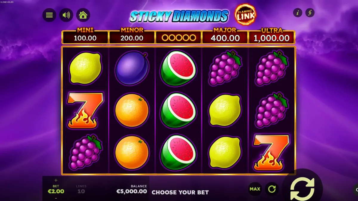 Sticky Diamonds Flaming Link slot machine interface with neon diamond symbols