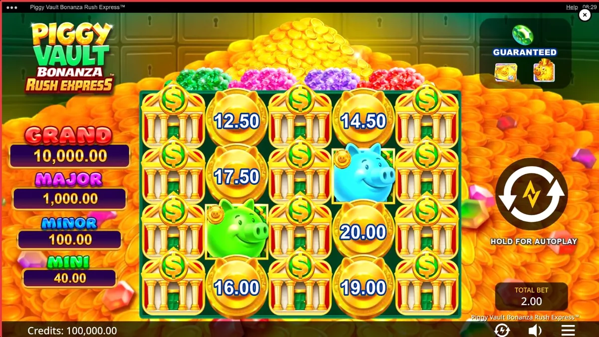 Tampilan visual slot Piggy Vault Bonanza Rush Express dengan tema emas dan brankas.