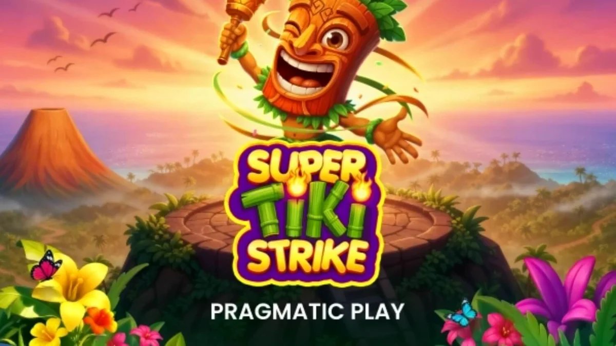 Tampilan visual slot Super Tiki Strike dengan tema tropis dan grid 3x3